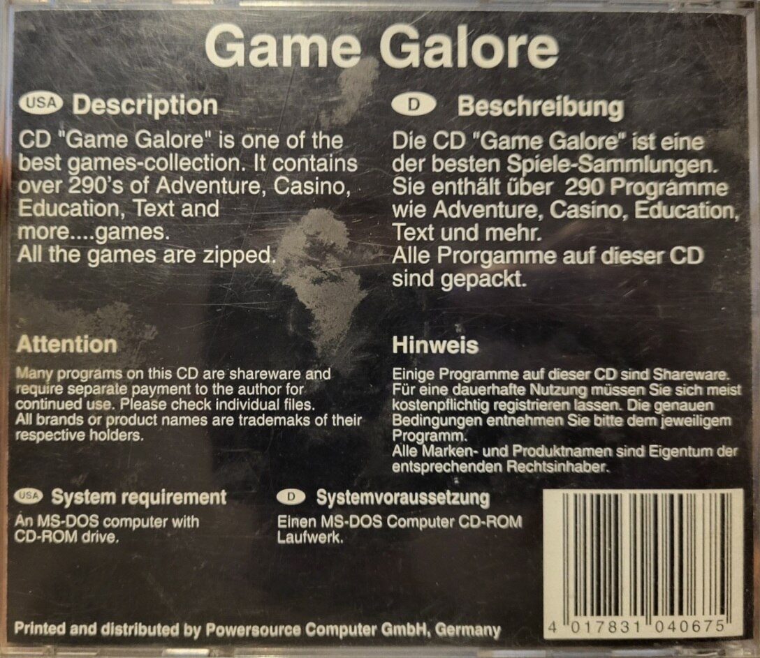 Game Galore - the back of the cd case